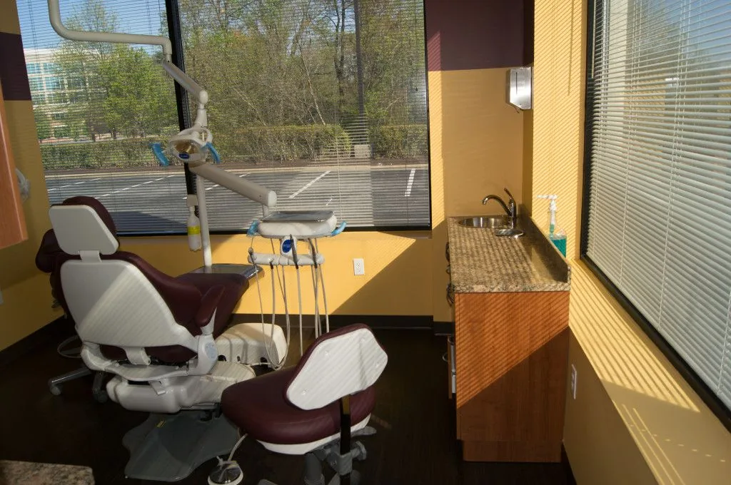 Treatment room with a dental chair and a park view